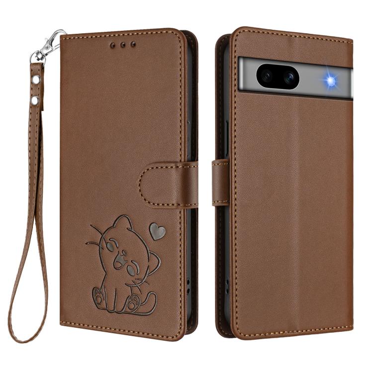 For Google Pixel 7a Embossed Heart Cat Leather Phone Case with Hand Strap