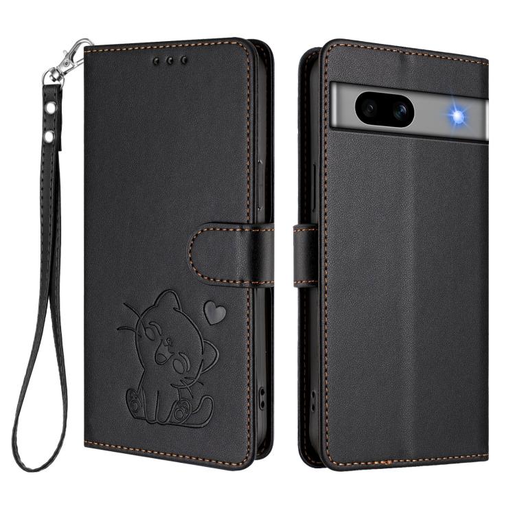 For Google Pixel 7a Embossed Heart Cat Leather Phone Case with Hand Strap