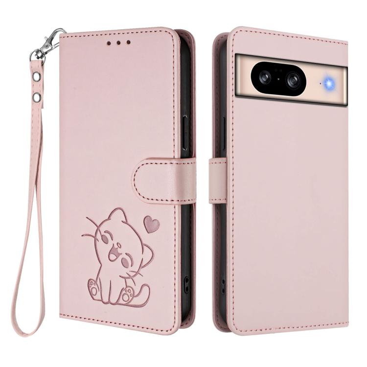 For Google Pixel 8 Embossed Heart Cat Leather Phone Case with Hand Strap