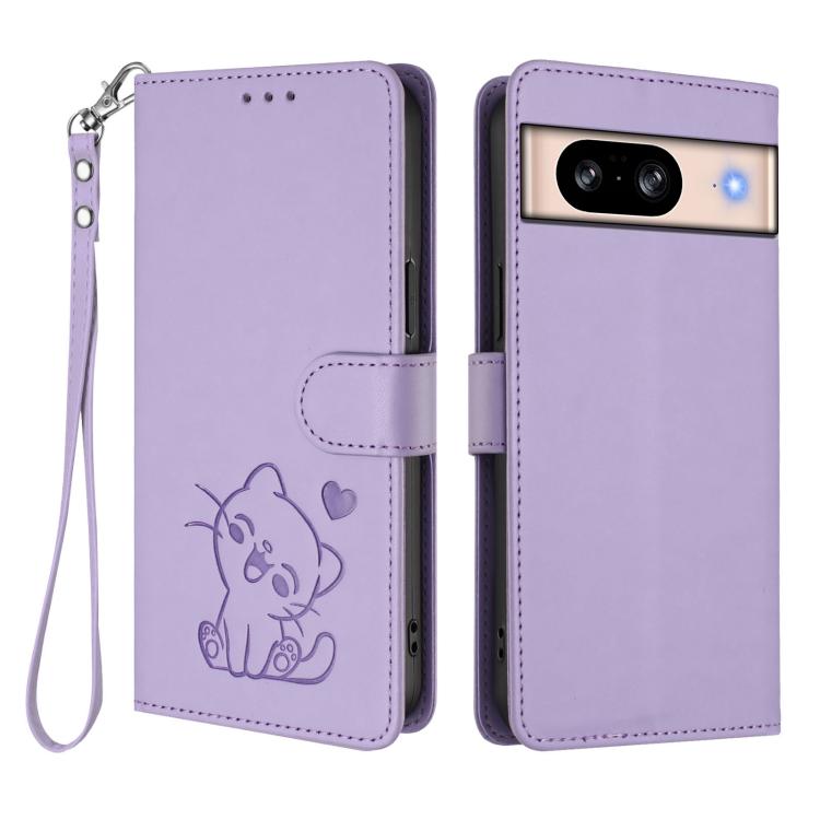 For Google Pixel 8 Embossed Heart Cat Leather Phone Case with Hand Strap