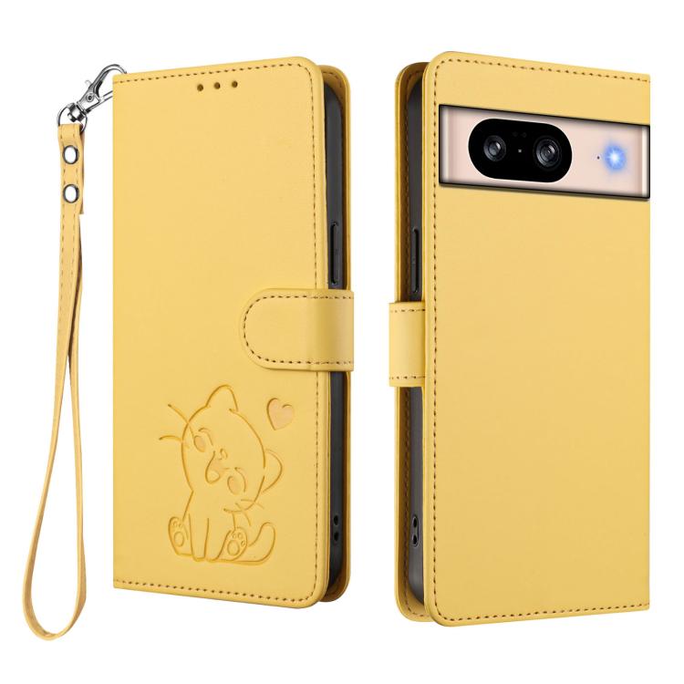 For Google Pixel 8 Embossed Heart Cat Leather Phone Case with Hand Strap