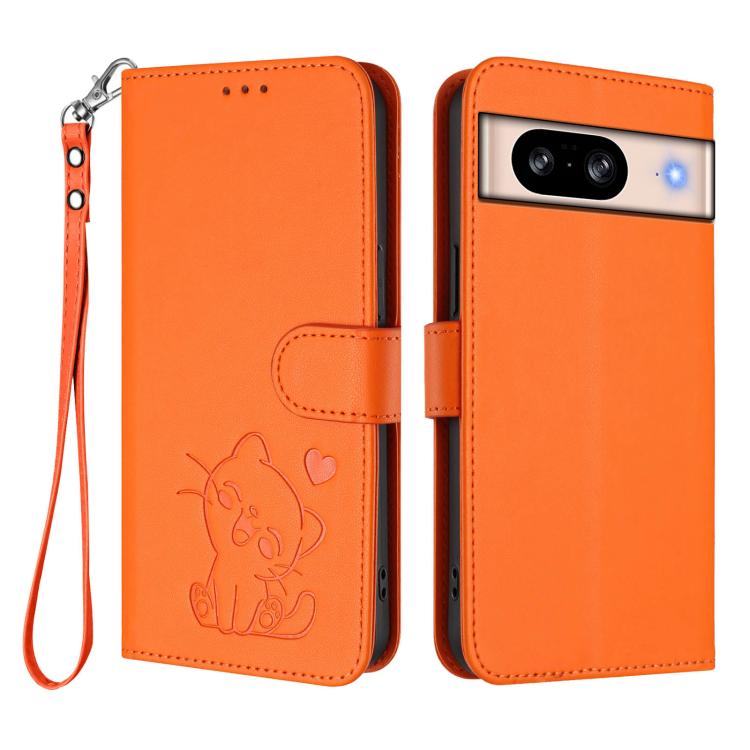 For Google Pixel 8 Embossed Heart Cat Leather Phone Case with Hand Strap