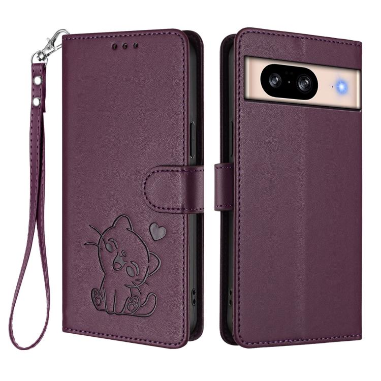 For Google Pixel 8 Embossed Heart Cat Leather Phone Case with Hand Strap