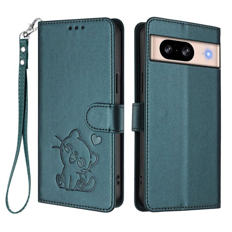 For Google Pixel 8 Embossed Heart Cat Leather Phone Case with Hand Strap