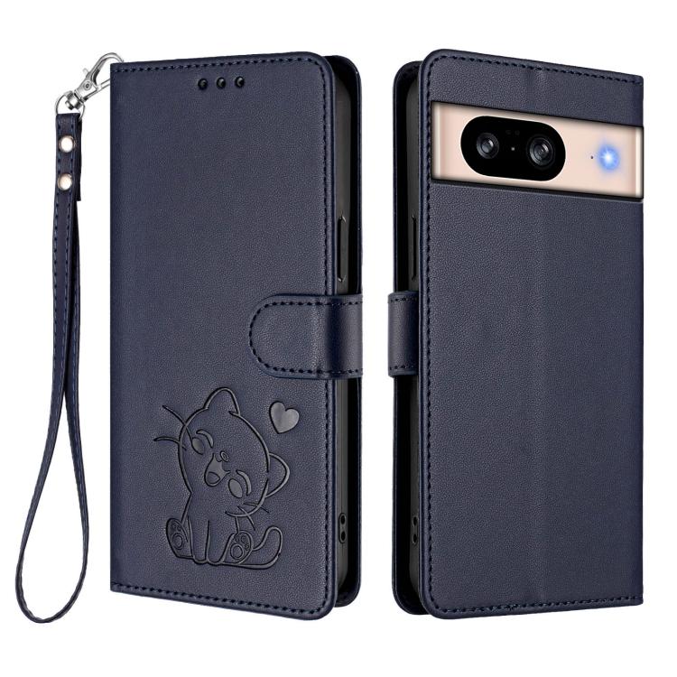 For Google Pixel 8 Embossed Heart Cat Leather Phone Case with Hand Strap