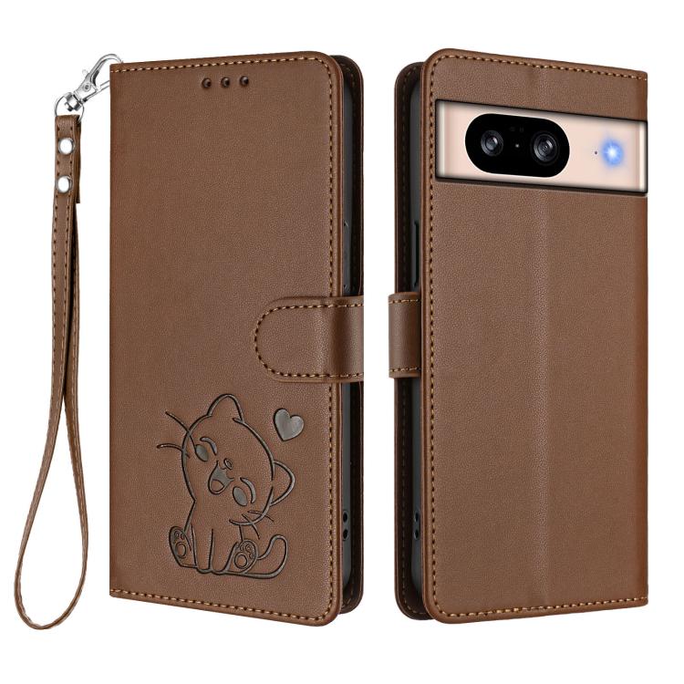 For Google Pixel 8 Embossed Heart Cat Leather Phone Case with Hand Strap