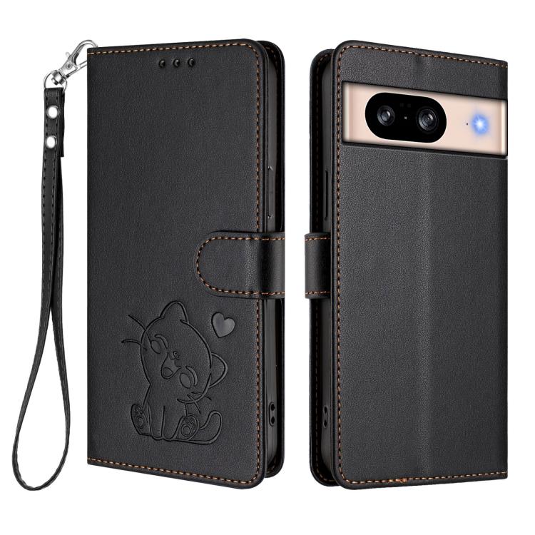 For Google Pixel 8 Embossed Heart Cat Leather Phone Case with Hand Strap
