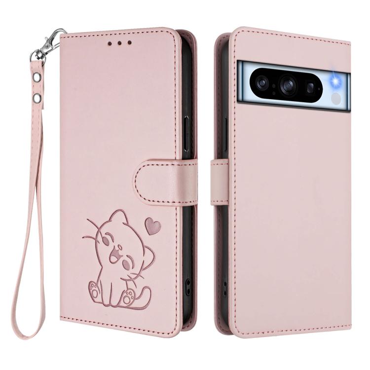For Google Pixel 8 Pro Embossed Heart Cat Leather Phone Case with Hand Strap