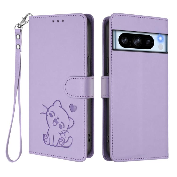 For Google Pixel 8 Pro Embossed Heart Cat Leather Phone Case with Hand Strap