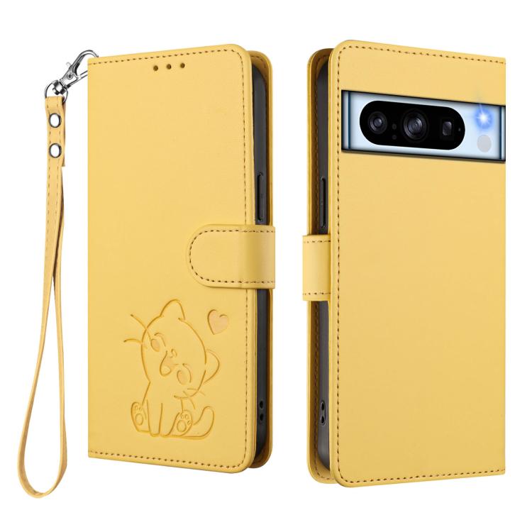For Google Pixel 8 Pro Embossed Heart Cat Leather Phone Case with Hand Strap