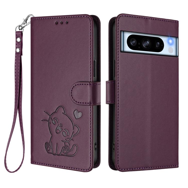For Google Pixel 8 Pro Embossed Heart Cat Leather Phone Case with Hand Strap
