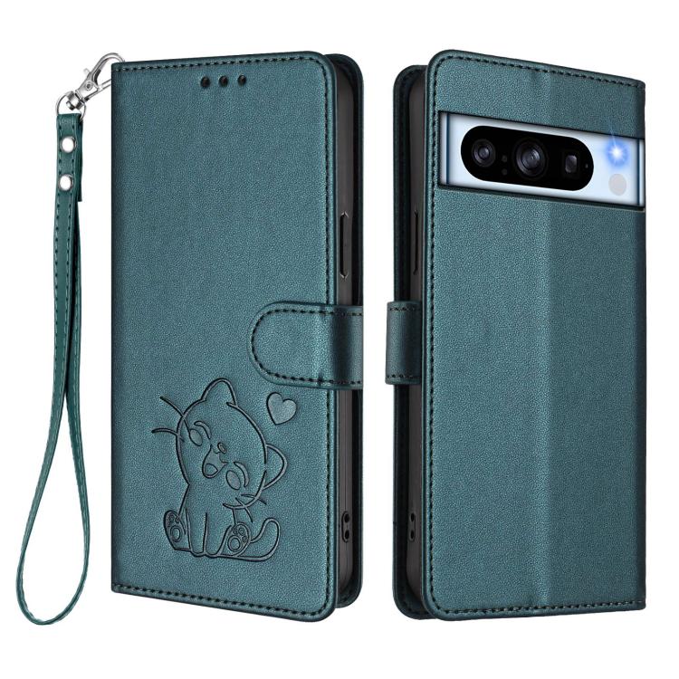 For Google Pixel 8 Pro Embossed Heart Cat Leather Phone Case with Hand Strap