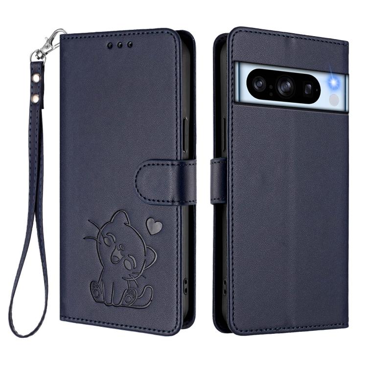 For Google Pixel 8 Pro Embossed Heart Cat Leather Phone Case with Hand Strap