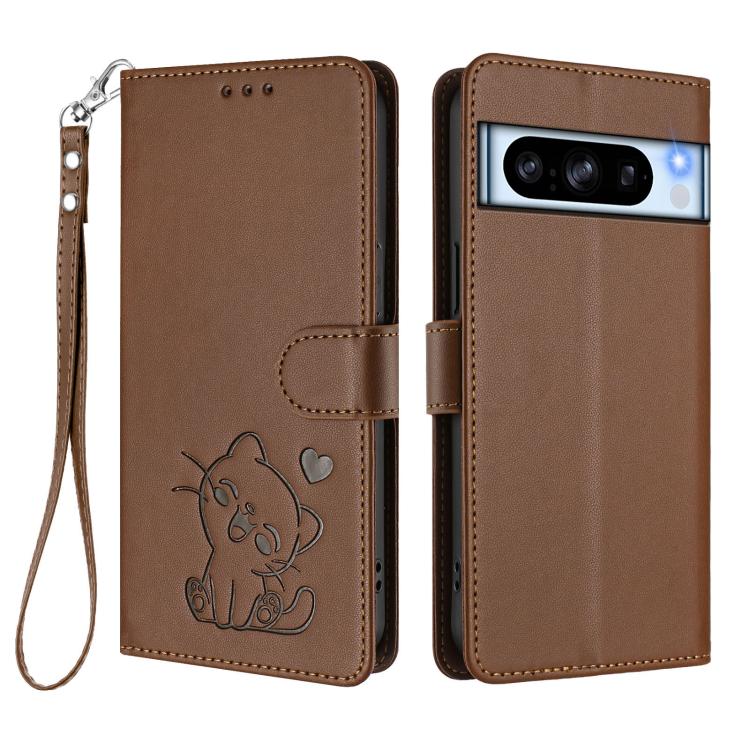 For Google Pixel 8 Pro Embossed Heart Cat Leather Phone Case with Hand Strap