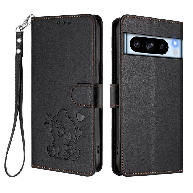 For Google Pixel 8 Pro Embossed Heart Cat Leather Phone Case with Hand Strap