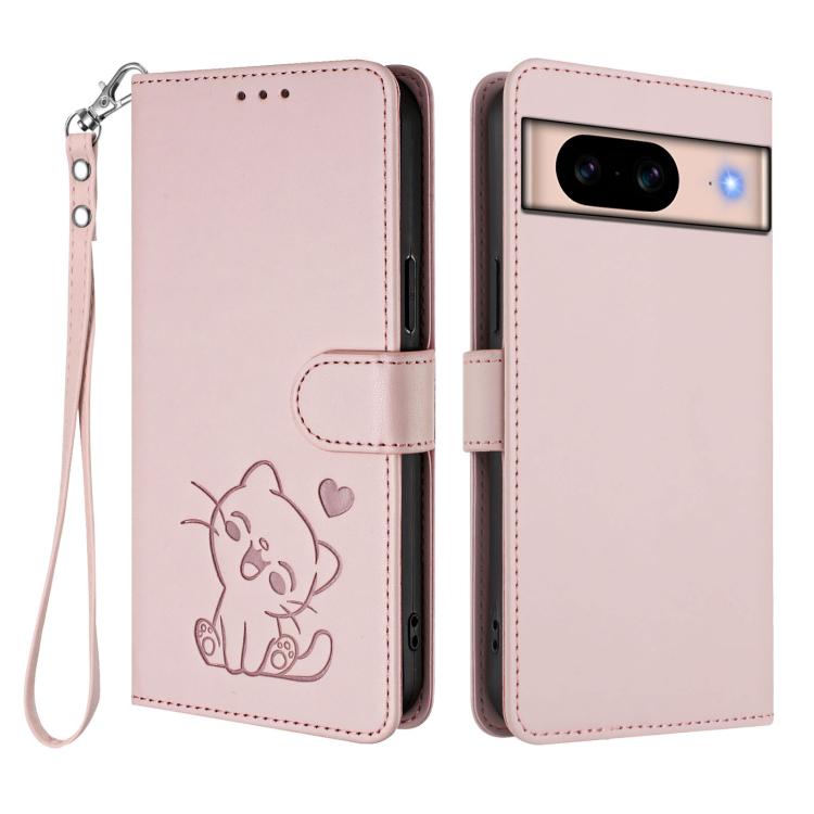 For Google Pixel 8a Embossed Heart Cat Leather Phone Case with Hand Strap