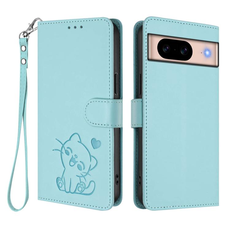 For Google Pixel 8a Embossed Heart Cat Leather Phone Case with Hand Strap