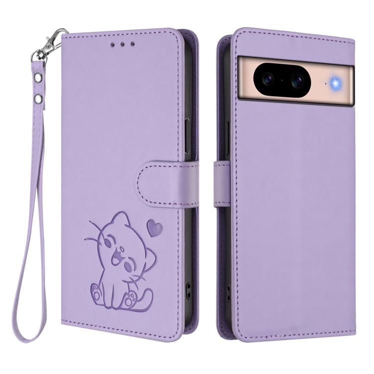 For Google Pixel 8a Embossed Heart Cat Leather Phone Case with Hand Strap