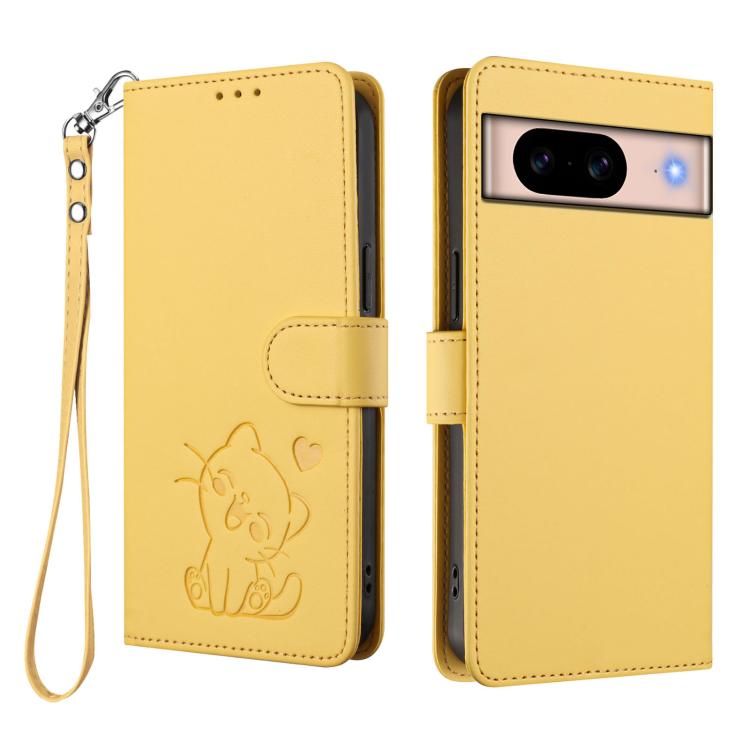 For Google Pixel 8a Embossed Heart Cat Leather Phone Case with Hand Strap