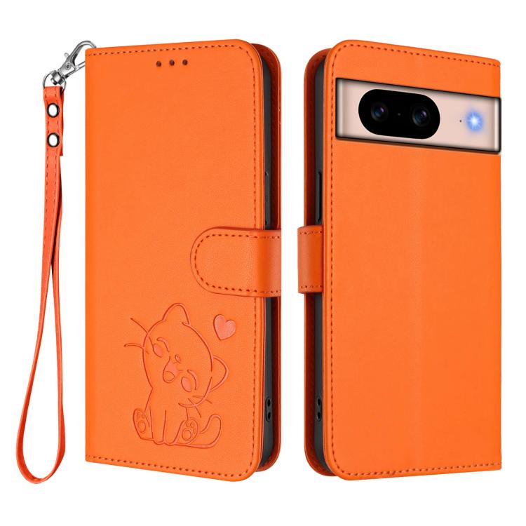 For Google Pixel 8a Embossed Heart Cat Leather Phone Case with Hand Strap