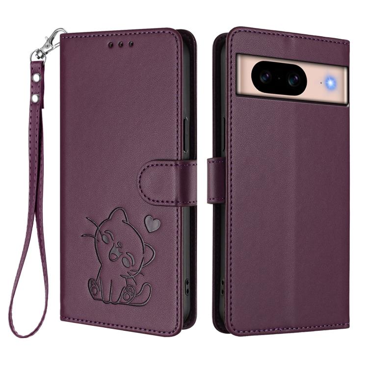 For Google Pixel 8a Embossed Heart Cat Leather Phone Case with Hand Strap