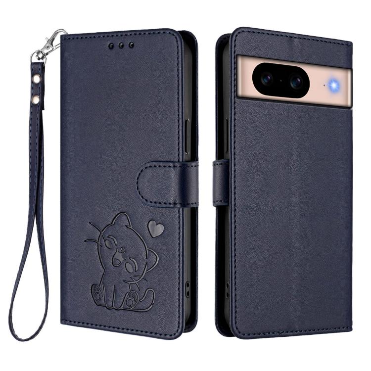 For Google Pixel 8a Embossed Heart Cat Leather Phone Case with Hand Strap