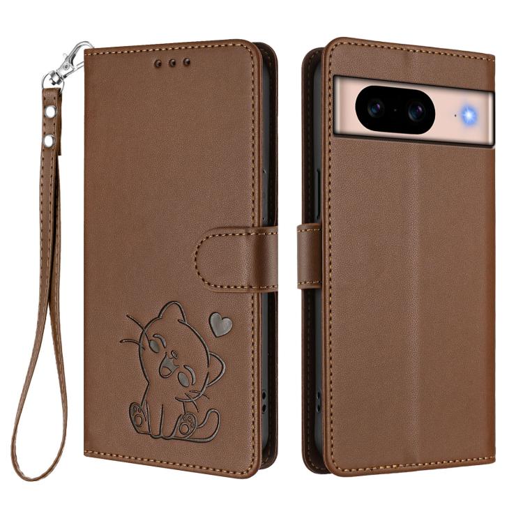 For Google Pixel 8a Embossed Heart Cat Leather Phone Case with Hand Strap