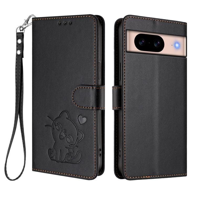 For Google Pixel 8a Embossed Heart Cat Leather Phone Case with Hand Strap