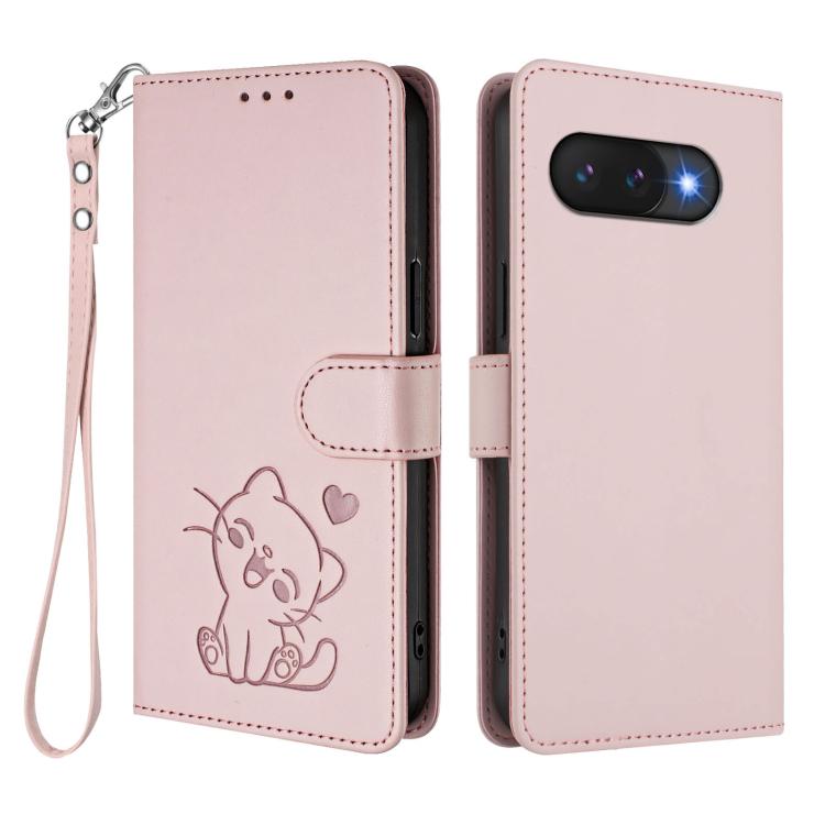 For Google Pixel 9a Embossed Heart Cat Leather Phone Case with Hand Strap