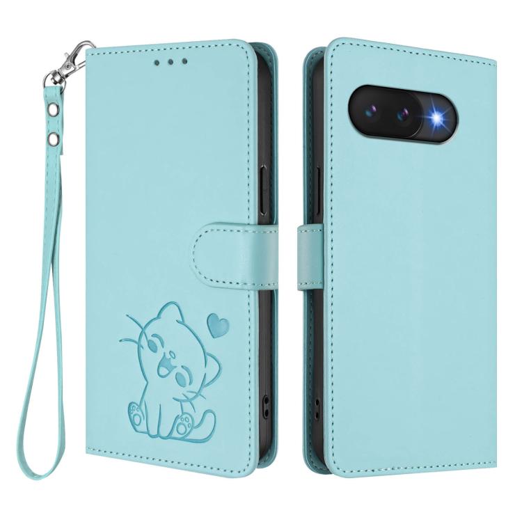 For Google Pixel 9a Embossed Heart Cat Leather Phone Case with Hand Strap