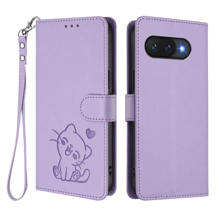For Google Pixel 9a Embossed Heart Cat Leather Phone Case with Hand Strap