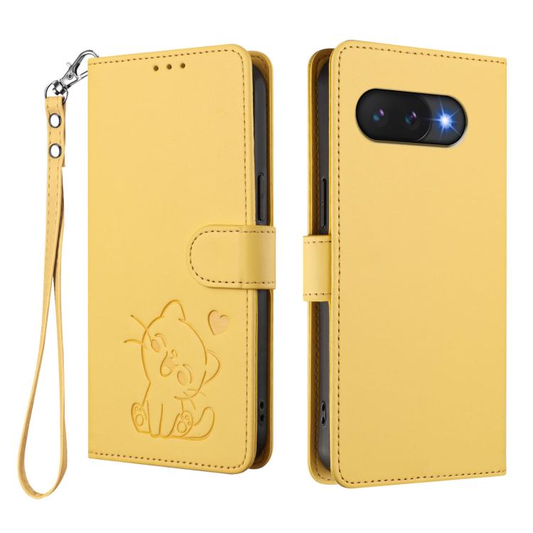 For Google Pixel 9a Embossed Heart Cat Leather Phone Case with Hand Strap