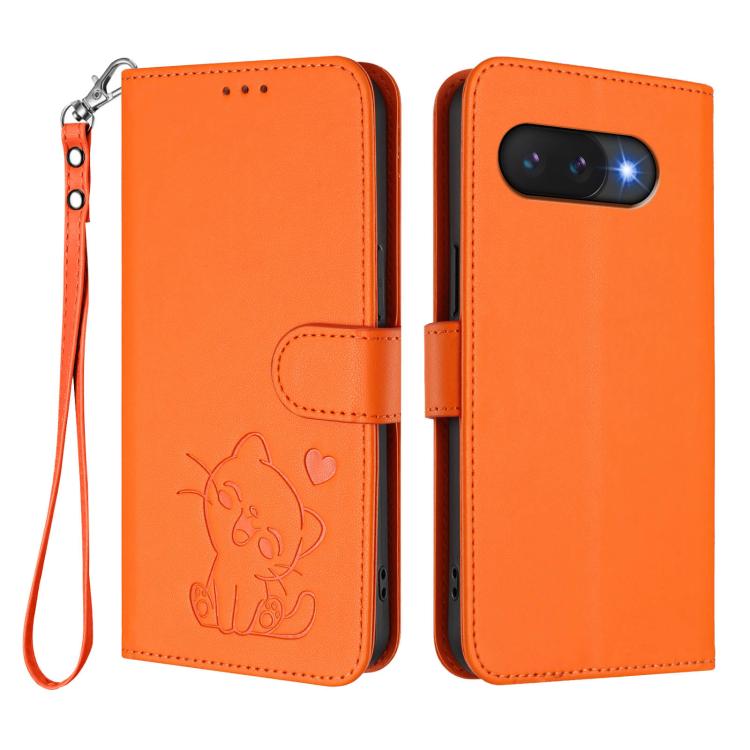 For Google Pixel 9a Embossed Heart Cat Leather Phone Case with Hand Strap