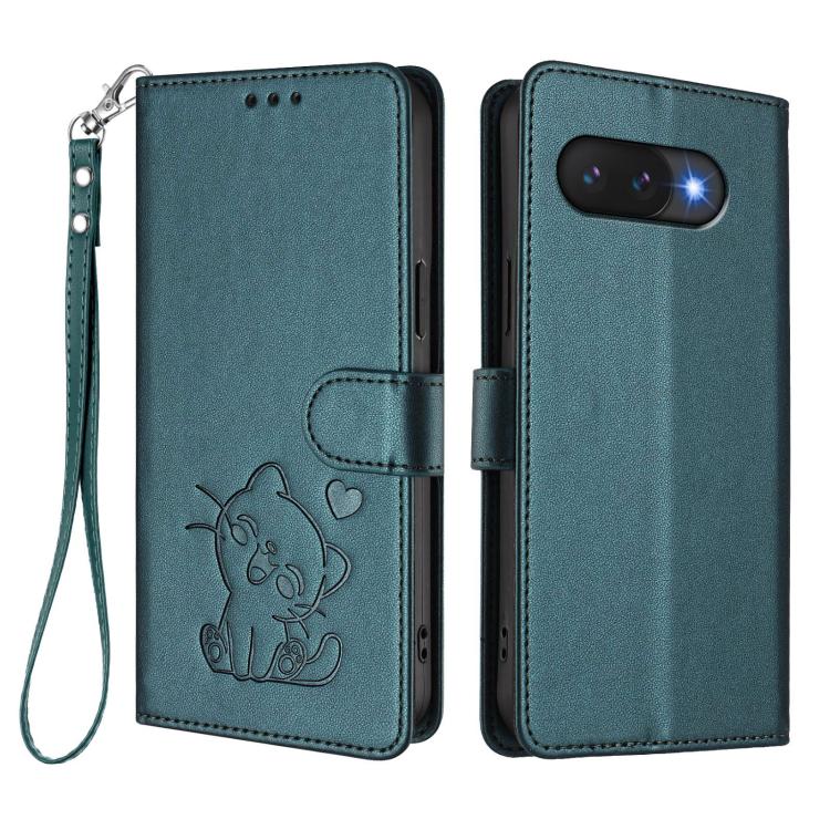 For Google Pixel 9a Embossed Heart Cat Leather Phone Case with Hand Strap