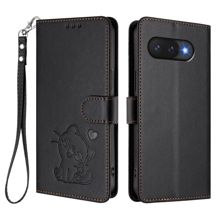 For Google Pixel 9a Embossed Heart Cat Leather Phone Case with Hand Strap