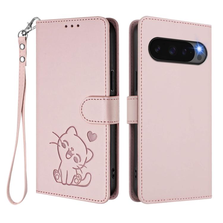 For Google Pixel 10 / 10 Pro / 9 Pro Embossed Heart Cat Leather Phone Case with Hand Strap