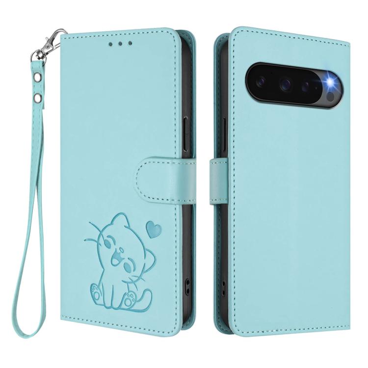 For Google Pixel 10 / 10 Pro / 9 Pro Embossed Heart Cat Leather Phone Case with Hand Strap