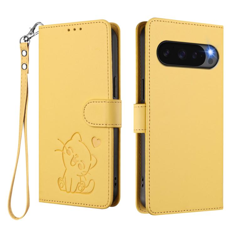 For Google Pixel 10 / 10 Pro / 9 Pro Embossed Heart Cat Leather Phone Case with Hand Strap