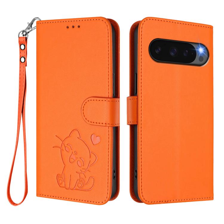 For Google Pixel 10 / 10 Pro / 9 Pro Embossed Heart Cat Leather Phone Case with Hand Strap