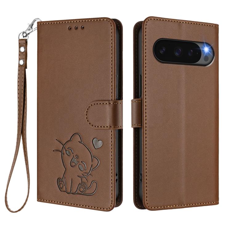 For Google Pixel 10 Pro XL / 9 Pro XL Embossed Heart Cat Leather Phone Case with Hand Strap