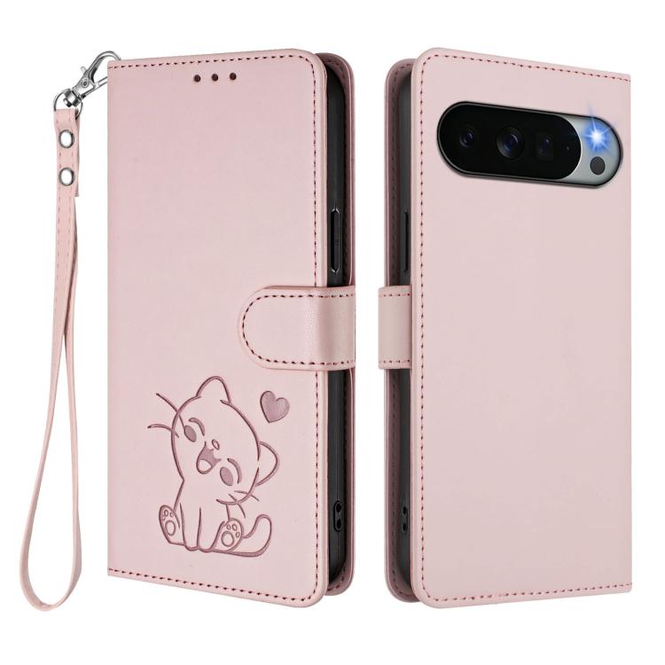 For Google Pixel 11 Pro XL Embossed Heart Cat Leather Phone Case with Hand Strap