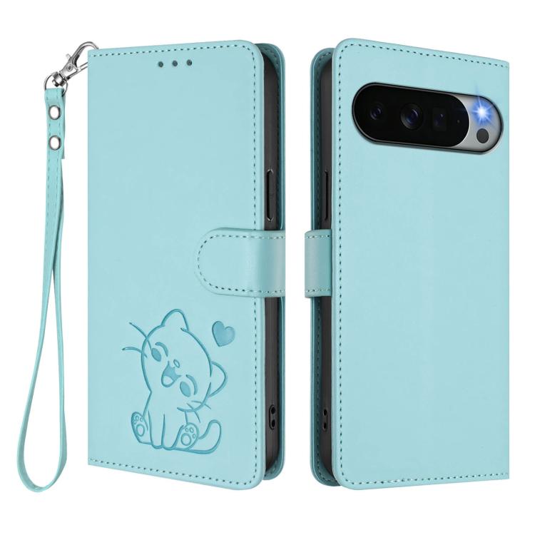For Google Pixel 11 Pro XL Embossed Heart Cat Leather Phone Case with Hand Strap