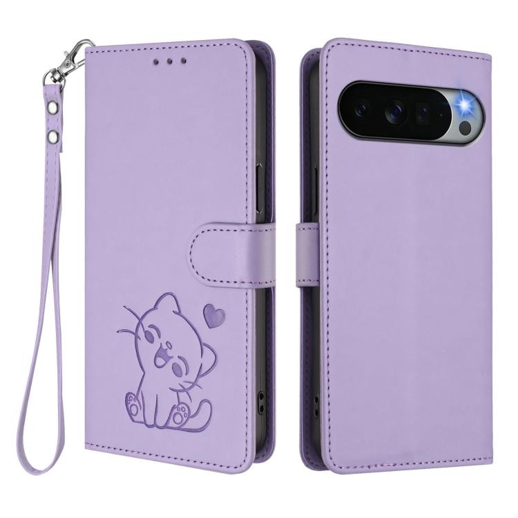 For Google Pixel 11 Pro XL Embossed Heart Cat Leather Phone Case with Hand Strap