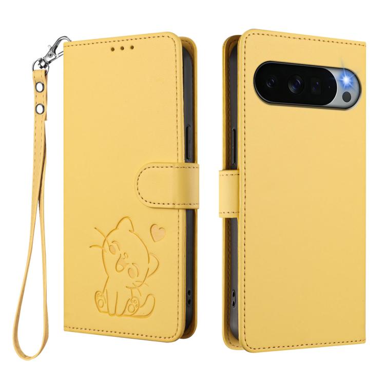 For Google Pixel 11 Pro XL Embossed Heart Cat Leather Phone Case with Hand Strap
