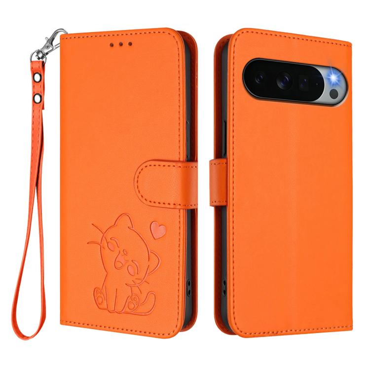 For Google Pixel 11 Pro XL Embossed Heart Cat Leather Phone Case with Hand Strap