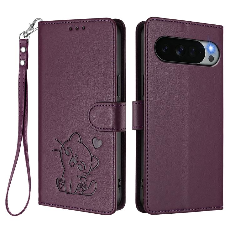For Google Pixel 11 Pro XL Embossed Heart Cat Leather Phone Case with Hand Strap