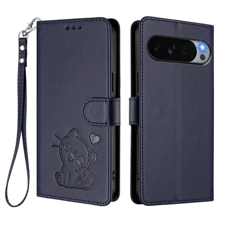 For Google Pixel 11 Pro XL Embossed Heart Cat Leather Phone Case with Hand Strap