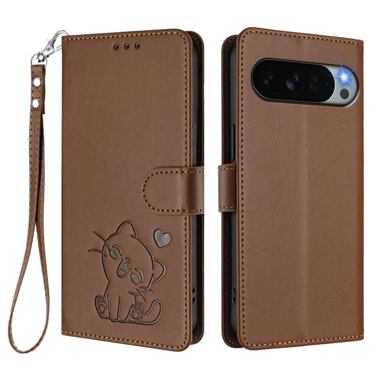 For Google Pixel 11 Pro XL Embossed Heart Cat Leather Phone Case with Hand Strap