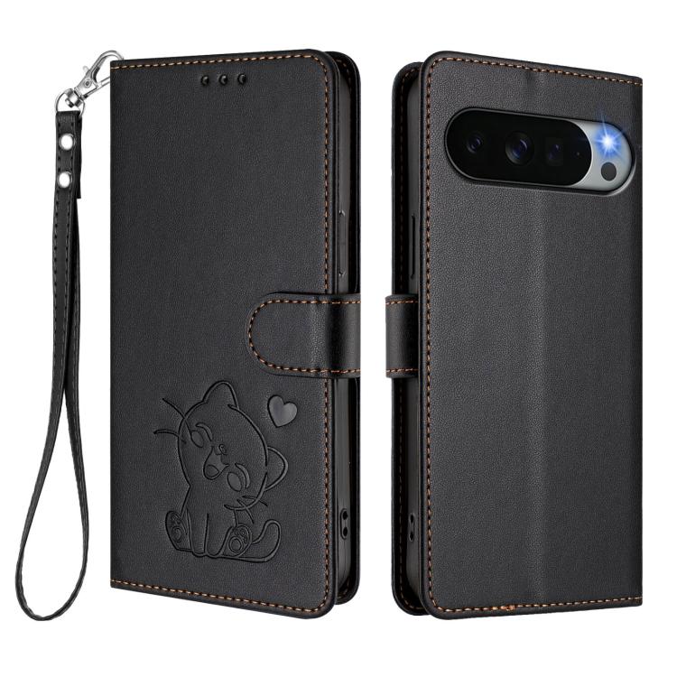 For Google Pixel 11 Pro XL Embossed Heart Cat Leather Phone Case with Hand Strap