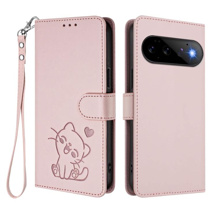 For Google Pixel 11 Pro / Pixel 11 Embossed Heart Cat Leather Phone Case with Hand Strap